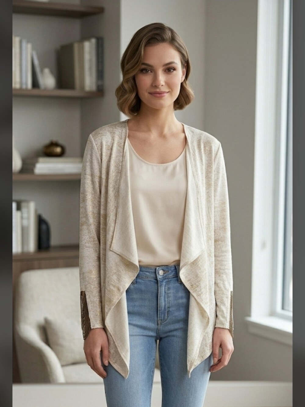 Frank Lyman Women Cardigan Size 12 ( M) Metallic Waterfall Drape Long Slevees